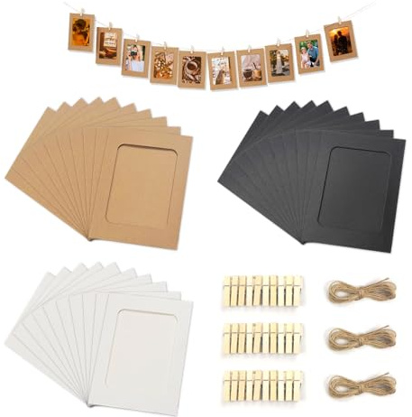 GIDWRIY 30 Stück Fotogirlande Deko,Fotokette,Papier Bilderrahmen Mit Klammern Und Leine,Karton Fotorahmen 6 Zoll,Kraftpapier Bilderrahmen Pappe,Fotovorhang zum Aufhängen,Bilderrahmens Wanddekoration