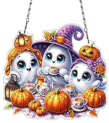 FONDUO DIY Diamond Painting Halloween Fensterbilder, Diamant Painting Kürbis Geist Girlande Deko Herbst Halloween Diamant Malerei Anhänger Fensterdeko Hängend Basteln Diamantmalerei Türkranz (A)