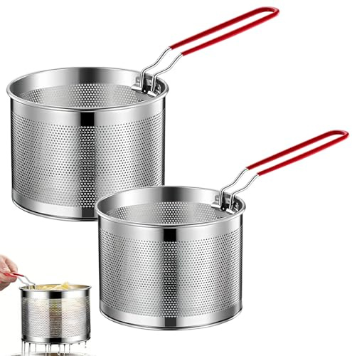 FuxFuis 2 Stück Fritteusenkorb Edelstahl Siebkorb Rund Metallsieb mit Langem Griff Frittierkorb-Set Praktisch Nudelsiebkorb Durchmesser 16cm/18cm Kochsieb Küchensieb für Pommes Frites Nudeln Gemüse