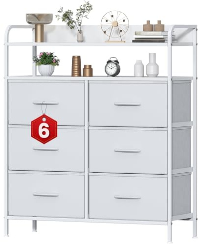 Feonase 6 Drawer Fabric Chest Of Drawers, Double Wooden Top Fabric Storage Tower - Sturdy Steel Frame Dresser for Bedroom/Living Room/Baby Room, Large Capacity Storage Organizer (White)