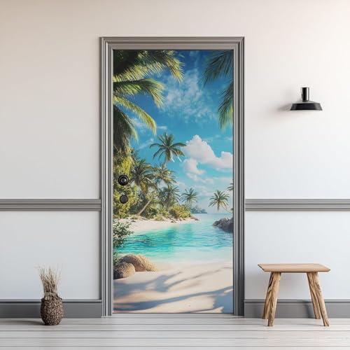 Stickers Porte Mer Sticker Porte Trompe L'oeil Palmiers Tropicaux 3D Poster Mural Papier Peint Auto Adhésif Autocollants de Décoration pour Porte 77x200 cm A-1202