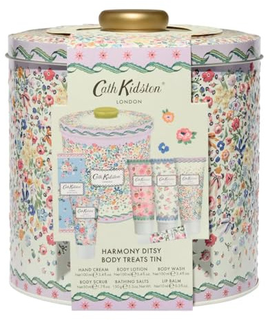 Cath Kidston Body Treats Tin Gift Set – Harmony Ditsy | Vegan Skincare Set with Body Wash, Lotion, Hand Cream, Scrub, Bath Salts & Lip Balm | Beauty Gift for Women | Christmas, Birthday & Travel