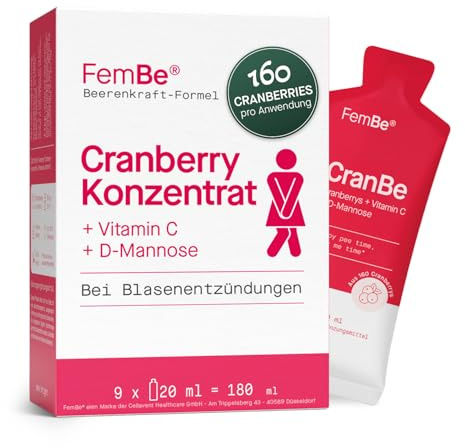 Hochdosiertes Cranberry-Konzentrat + 2.000 mg D-Mannose & 75 mg Vitamin C, praktisch dosiert, vegan & ohne Zuckerzusatz, zur zuverlässigen Unterstützung bei Blasenentzündungen – 9 Sachets à 20ml