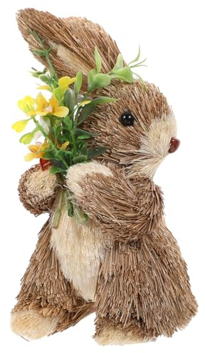 Toyvian Standing Bunny Statue - 6. 8 Inch Standing Rabbit Statue Figurine Straw Bunny Figurine Tabletop Spring Decor with Flower for Easter Decorations