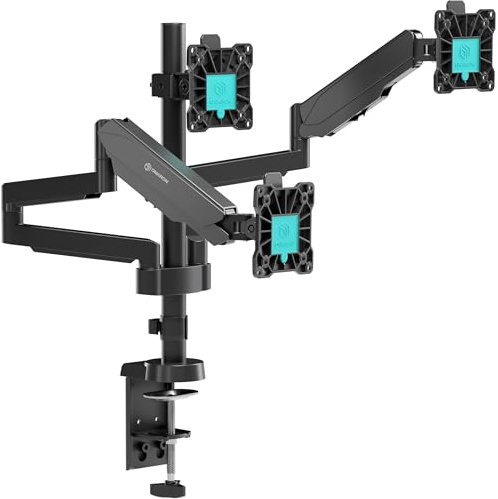 ONKRON Soporte 3 Monitores 13-32, 24 kg, máx VESA 100x100, G280-B | Brazo triple monitor negro, giro de 180°, rotación 360°, inclinable, altura ajustable; para trading, streaming y oficina