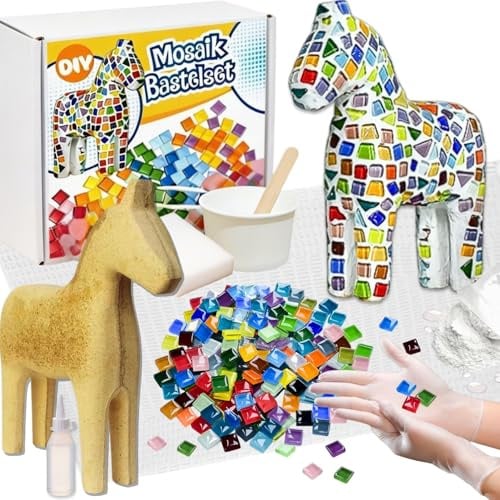 HanCheng Mosaiksteine zum Basteln,Mosaik-Pferd-Set,Mosaik Bastelset Pferd | Inkl. Bunte Mosaikfliesen,Pferde Rohlinge,Materialien,Werkzeuge,Bedienungsanleitung| Mosaik Bastelset Kinder & Erwachsene
