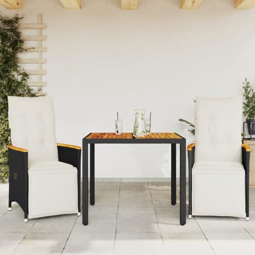 Hoopleep 3-TLG. Garten-Bistro-Set mit Kissen, Schwarz Poly Rattan, verstellbare Relaxsessel, Akazienholz-Tisch, ideal für Terrasse und Outdoor-Möbel