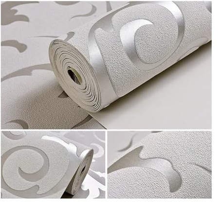 JBJYGSG Vliestapete Silber/Gold-Tapete, geprägte Wandverkleidungen, Rolle, silbernes Blumen-Luxus-Mispelblatt-Tapetenpapier for Zuhause(Silver)