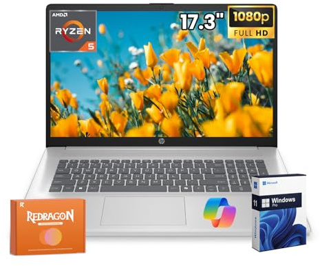 HP 17 inch Business Laptop Computer, AMD Ryzen 5 7430U(6 Core), 17.3” FHD LED 300 Nits Display, 8GB RAM, 512GB SSD, Windows 11 Pro, Copilot AI, Wi-Fi 6, Bluetooth 5.4, HD Cam, Accessories