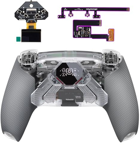 eXtremeRate Spark Kit de Paletas Traseras para ps5 BDM-030/040/050/060, con Pantalla OLED, Gatillos Clicky con Tope, Grips Engomadas Ergonómicas y 4 Botones Programables (Transparente & Gris)