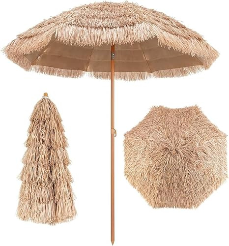 RELAX4LIFE Sonnenschirm Hawaii Stroh, 208 cm Strandschirm mit UPF 50+, Gartenschirm 30° knickbar, Strand Strohschirm, Marktschirm Sonnenschutz, Hawaiischirm für Strand, Garten, Balkon