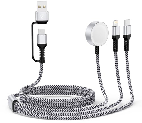 3 in 2 Ladekabel für Apple Watch Multi USB Kabel, 1.2M Multi Ladekabel mit Apple Watch Ladegerät +USB C+Lightning Kabel für iPhone 17/16/15/14/13/12/11/i Pad, Galaxy Android, iWatch Ultra/SE/11/10/9/8