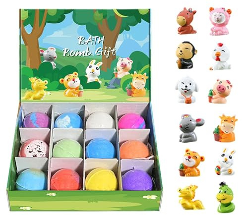 jupsjuice Badekugeln für Kinder, 12 Stück Körperreiniger Geschenke für Socken mit Tierspielzeug | sprudelnde Blase für Kinder | für Mädchen Familie Geburtstag Geschenk