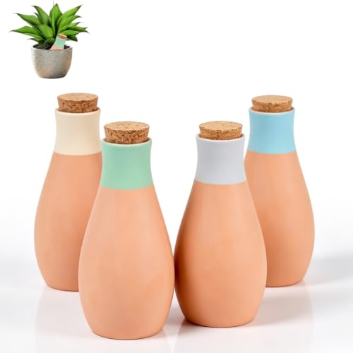 FARYODI Bolas de riego de terracota, 4 unidades, 400 ml, bolas de riego automático para plantas de interior y jardineras de balcón, forma de botella, riego de zonas de raíces, cerámica, menos pérdida