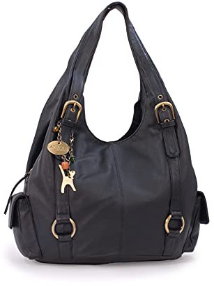 Catwalk Collection Handbags - Damen Leder Schultertasche - Handtasche Groß - Hobo Bag mit Viele Fächer - Alex - Schwarz
