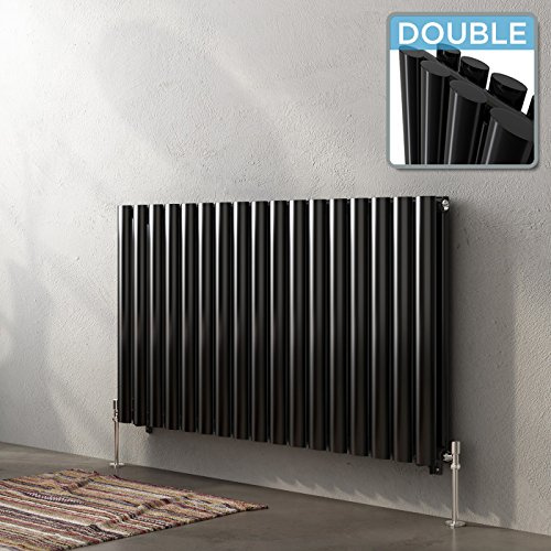 iBathUK | 600 x 1000 mm Black Column Designer Radiator Horizontal Double Oval Panel