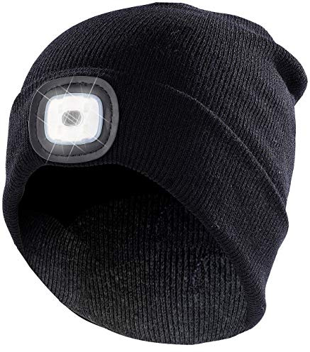 Lunartec Mütze mit Licht: Schwarze Strickmütze mit LED-Licht und USB-Ladefunktion (Haube mit, Mütze mit LED, Damen)