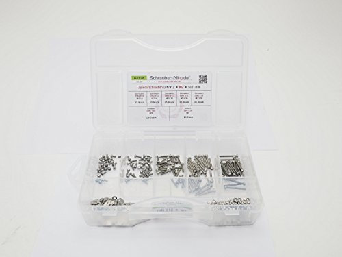 Sortiment DIN 912 Edelstahl A2 Schrauben Durchmesser M2, 500 Teile ; Zylinderkopfschrauben/Innensechskantschrauben, inc. Muttern DIN 934, Unterlegscheiben DIN 125, Material VA V2A