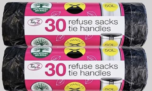 Tidyz 3 X 20 (60 Tie Handles Kitchen Liners 50L Extra Strong Black Swing Bin Bags Refuse Waste Rubbish Sacks, 10 x 10 x 10 cm