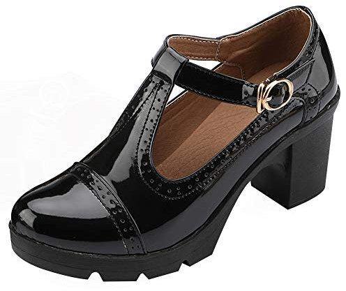 ANUFER Damen Mittlerer Blockabsatz T-Riemen Brogues Pumps Mary Janes Uniform Büro Abendschuhe Schwarz SN020216 EU38