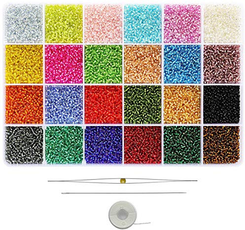 BALABEAD 24000pcs in Box 24 Multicolor 12/0 Glass Seed Beads Transparent Silver Lined Seed Beads Size 2mm Round, Hole 0.8mm (1000pcs/Color, 24 Colors)