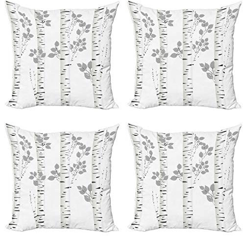 ABAKUHAUS Birke Dekokissen Kissenbezug 4er Pack, Autumn Woods, Modern Accent Doppelseitiger Digitaldruck, 40 x 40 cm, Weiß und Grau