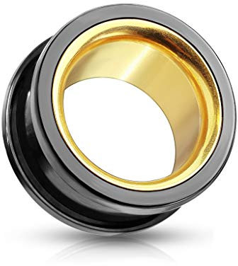 beyoutifulthings Ohr-Tunnel Schwarz Gold Ohr-Piercing Edelstahl Ohr-Schmuck Screw Fit Double Flared Plug Schraub-Verschluss 10mm
