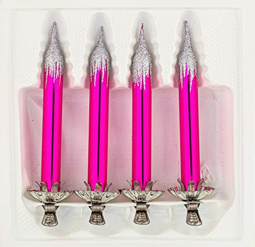 4tlg. Glas-Baumkerzen Set in 'Hochglanz Pink Silber' mit Metall-Clip - Vintage Glas Weihnachtsbaumkerzen Christbaumschmuck - Baumschmuck -
