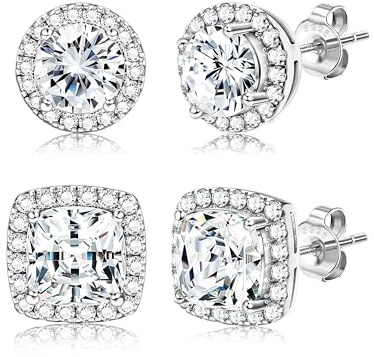 Hayoso 18K Gold Plated Halo Stud Earrings 925 Sterling Silver Cubic Zirconia Stud Earrings Round Square Diamonique Stud Earrings Set for Women Men - Silver