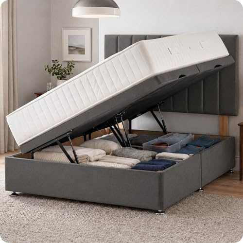 Comfy Deluxe LTD Apollo Ottoman Bed Base - 4FT Small Double, Grey | Plush Velvet Divan Storage Bed Frame with 26 Inch Headboard | Gas Lift Side Opening | No Mattress Included | UK Made