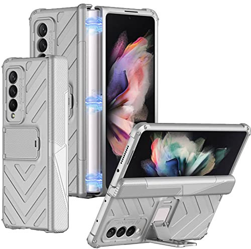 Miimall für Samsung Galaxy Z Fold 3 Hülle mit Scharnierschutz, Schweres Stoßfestes Design Handyhülle Hartes PC Stoßfänger Case mit Standfunktion Schutzhülle für Galaxy Z Fold 3 2021 - Silber