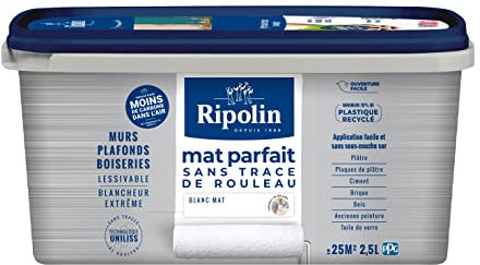 RIPOLIN Mat Parfait - Peinture intérieure pour Murs & Plafonds - Blancheur Extrême - Sans Trace de Rouleau - Technologie UNILISS - Lessivable - Mat - 2,5L - Blanc