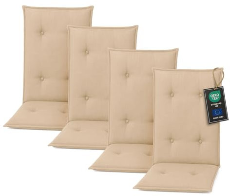 Pillows24 - Hochlehner Auflagen 4er Set - 120x50cm – 8cm Dick - Premium-Material 200gsm, UV- & Wasserabweisend | Gesteppte Sitzauflagen Hochlehner | Gartenstuhlauflagen für Gartenmöbel | Cappuccino