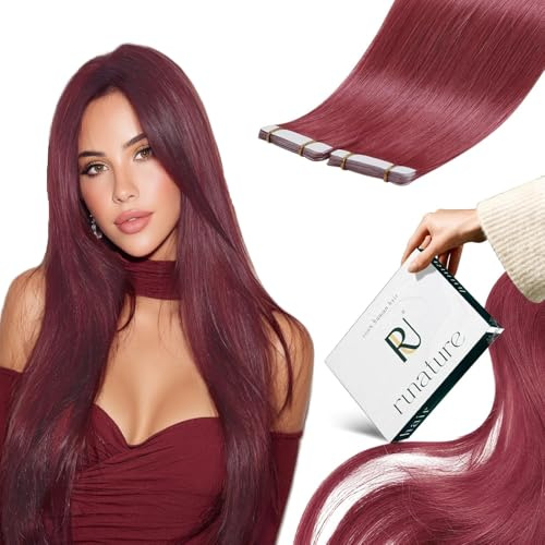 RUNATURE Tape Extensions Echthaar Rot Menschliches Haar 55cm Lang Bunt Haarverlängerung 10 Stück 25g #Burg