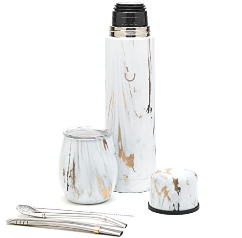 balibetov Set Yerba Mate Completo - Calabaza Mate Moderna, Termo, Bombilla y Cepillo de Limpieza Incluido - Todo Acero inoxidable (Marmol Dorado)