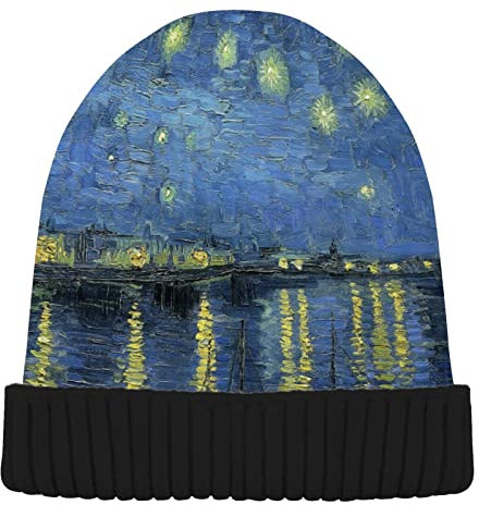 Naanle Starry Night Over The Rhone Van Gogh Damen Beanie Mütze Stretch Slouchy Soft Warm Knit Winter Mützen Skully Black Beanie Damen Ski Beanies Cap, Schwarz , M/L