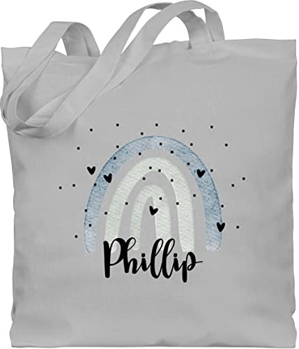 Baumwolltasche - Boho - Regenbogen Name - Unisize - Hellgrau - personalisierte stofftasche kinder stoffbeutel bohemian rainbow beutel regenbogentasche jutebeutel kita individuell bedrucken