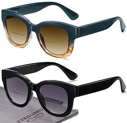 EYEGUARD 2 Stück übergroße bifokale Lesebrille für Damen, UV400-Schutz, Outdoor-Brille mit Federscharnier, Sonnenbrille Leser, schwarz / blau
