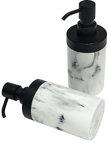 Suanti White Marmor Art Seifenspender Set von 2 für Badezimmer Countertop, Küchenspüle, dekorative Weitmund Harz Seifenflaschen mit matten schwarzen Pumpen bis 10 oz