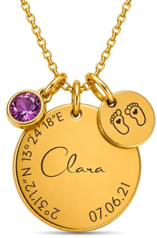 BS Schmuckdesign Namenskette Damen personalisierte Kette mit Gravur | Taufkette mit Name, Datum & Koordinaten, Geburtsstein & Symbol, Wunschgravur hinten, Geschenk