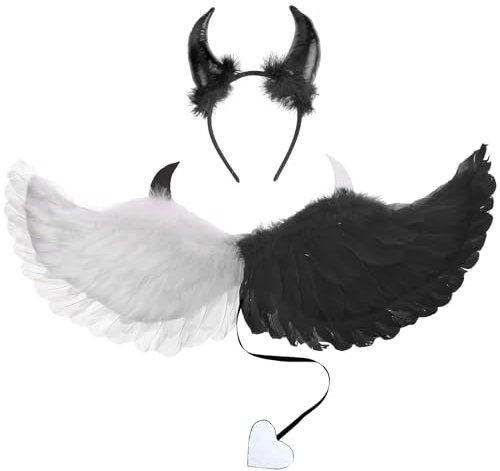 Teufel Kostüm Mädchen, Engels Flügel Kostüm, Halloween Kostüm Teufel mit Teufel Horn Haarreif, Schwanz, Engelsflügel, Engel Kostüm Weiße, Halloween Kostüm Kinder für Kostümparty Karneval Cosplay Party