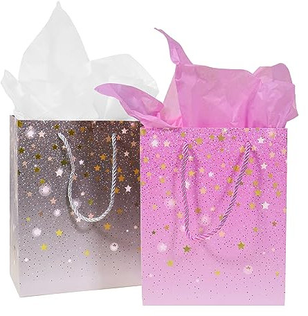 2 Stück Geschenktüten 23× 18× 10cm Geschenktasche Papiertüten mit Henkel, Geschenktüten Geburtstag für Geburtstag Hochzeit Feier Party Weihnachten(Lila, Grau)