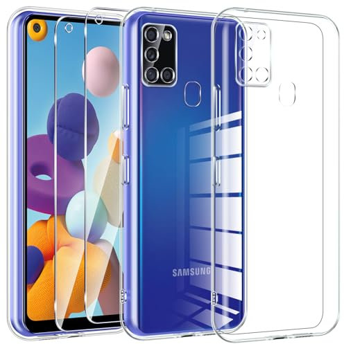 Kokio Hülle für Samsung Galaxy A21S mit 2 Stück Schutzfolie, Klare stoßfeste dünne Silikon TPU Handyhülle für Samsung A21S Schutzhülle, Weich Transparent Kratzfestigkeit rutschfest Hülle