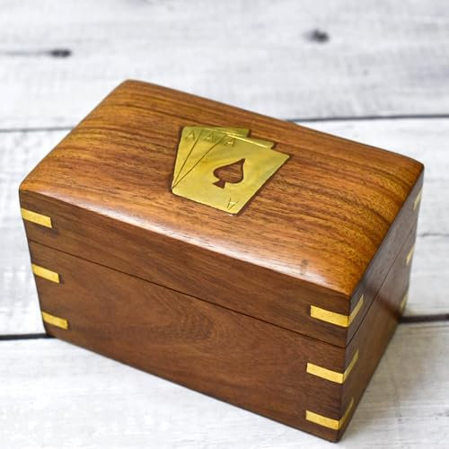 Ajuny Holz Doppeldecker Spielkartenbox Handgefertigte Aufbewahrungsbox Organizer Dekorative Messing Ace Design mit 2 Kartenpackungen Perfekte Geschenkidee für Sie und Ihn 12.5x7.5x7.5 cm