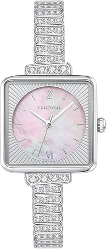 LANZOOM Damen-Quarzuhr, rosa Perlmutt-Zifferblatt, quadratische und runde Uhr mit elegantem Armband, Rosa/Silber, Retro, Pink/Silber, Retro