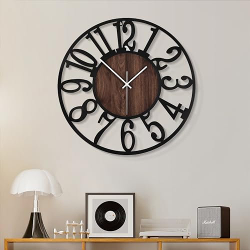 HAITANG 40cm Große Schwarz Wanduhr, Wohnzimmeruhr, Dekoration Vintage-Stil geräuschlose Nicht tickende Metall Holz wanduhr für Bauernhaus, Esszimmer, Schlafzimmer, Küche, Zuhause Wanddekoration