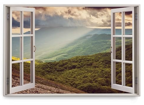 Paul Sinus Wandbild 120x80cm Fensterbild Berge Berglandschaft Grün Wälder Sonnenstrahlen Natur