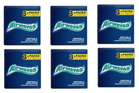 Wriggley's Extra Airwaves Chewing Gum - Menthol & Eucalyptus 3 Pack - Menthol & Eucalyptus, Sugar Free Chewing Gum With Sweeteners - Pack of 6