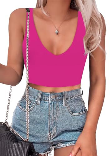 BEINF Canotta Donna Estiva Top Corto Sexy Collo V Profondo Senza Maniche Slim Fit Trendy Y2K Corsetto Ladies Tank Tops Canotte Basic Tops T Shirt Rosa XL