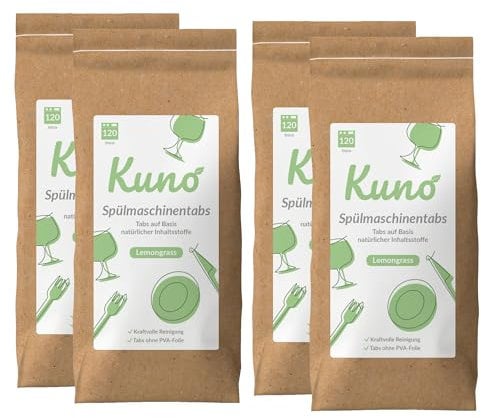 Kuno Spülmaschinentabs - 480 Tabs - Biologisch abbaubare Geschirrspültabs ohne Plastik - Effektive Reinigung - Frischer Lemongrass Duft (4er Pack, 480, stück)